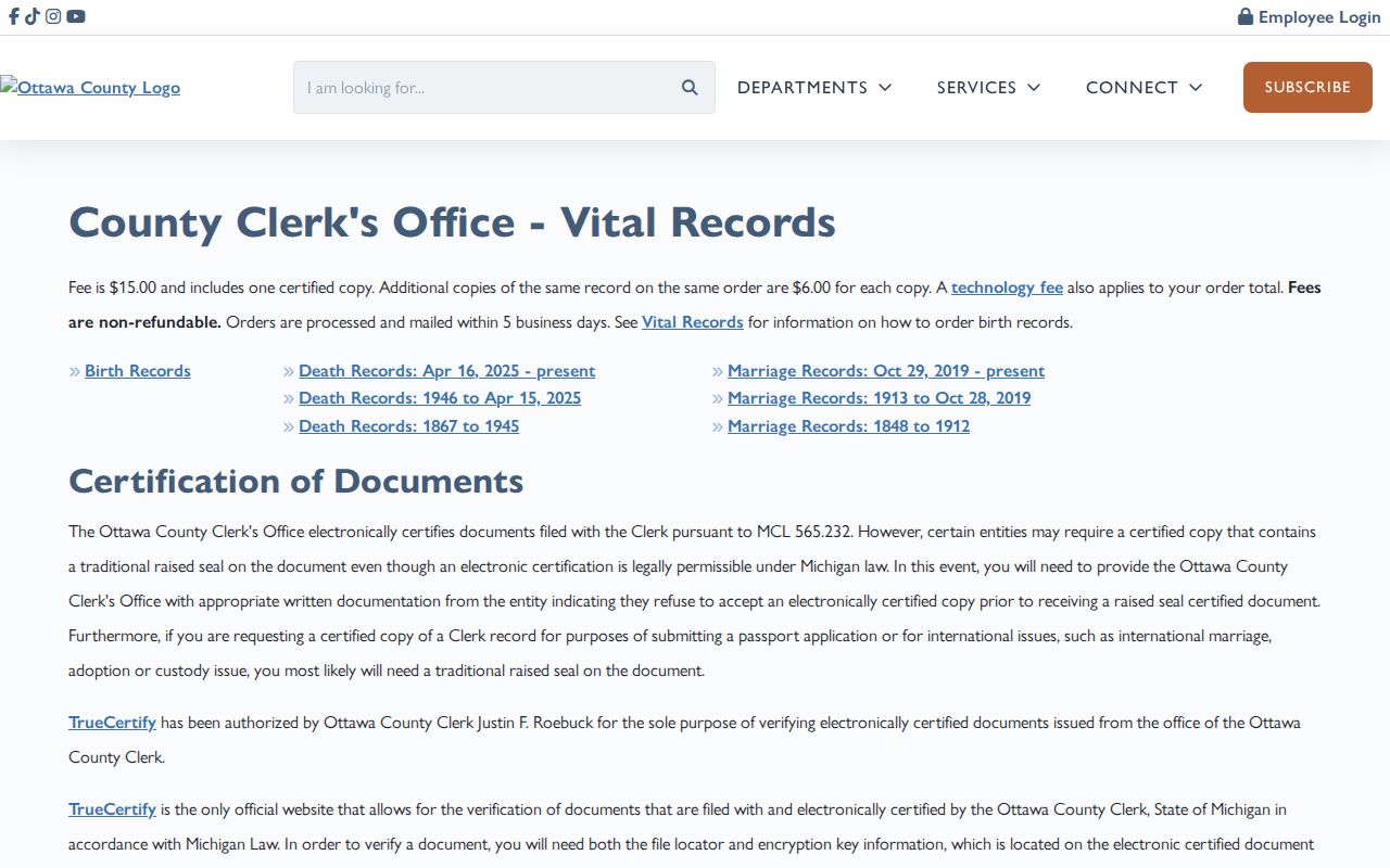 Georgetown Township resident lookup through Ottawa County vital records